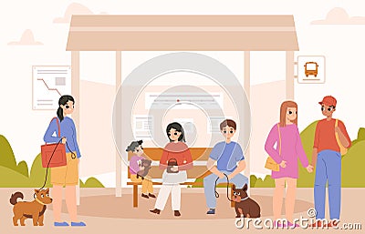 People wait on bus stop. City traffic, adults and kids waiting public transport. Urban transportation, pet friendly Vector Illustration