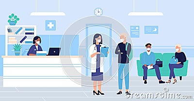 People wait in hospital hall interior vector illustration, cartoon flat patient woman man characters in masks sitting in Vector Illustration