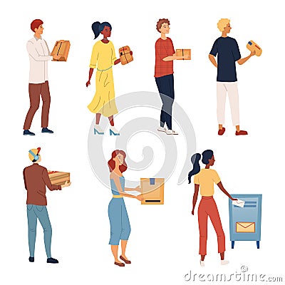 People Wait In A Queue To Send Packages And Letters. Set Of Characters Pick up, Send Parcels. Mail Delivery Service Vector Illustration