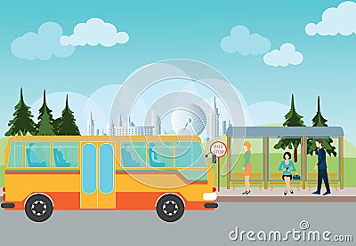 People waiting for a bus at the bus stop. Vector Illustration