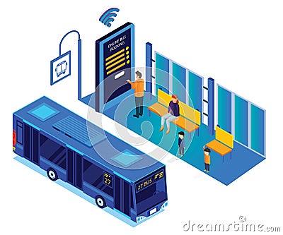 People Waiting for Bus While the Person books the Bus tickets online Isometric Artwork Stock Photo