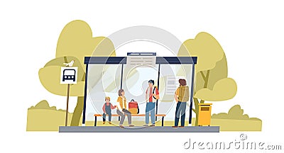 People waiting for bus at public transport stop in suburbs. Family with backpacks sitting on bench under station shelter Vector Illustration