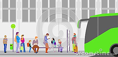 People waiting for the bus at bus stop Cartoon Illustration