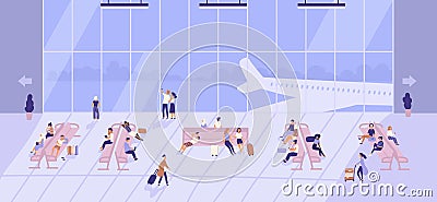 People waiting inside airport building with large panoramic windows and airplanes outside. Passengers sitting on benches Vector Illustration