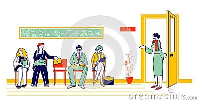 People Waiting Job Interview Sitting in Office Lobby on Chairs. Applicants with Cv Documents Hiring Work. Hr Agent Vector Illustration