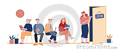 People Waiting Job Interview Sitting in Office Lobby on Chairs. Applicants with Cv Documents Hiring Work. Hr Agent Vector Illustration