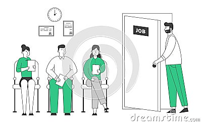 People Waiting Job Interview Sitting in Office Lobby on Chairs. Applicants with Cv Documents Hiring Work Vector Illustration