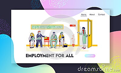 People Waiting Job Interview Website Landing Page. Applicants with Cv Documents Hiring Work. Female Hr Agent Vector Illustration