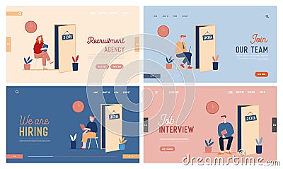 People Waiting Job Interview Website Landing Page Set. Applicants with Cv Documents Hiring Work. Candidates Vector Illustration