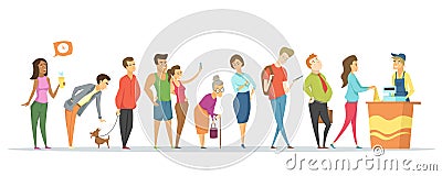 People Waiting in Long Queue Tired Clients in Line Vector Illustration