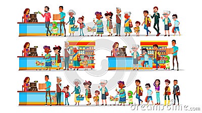 People Waiting In Long Queue To Cashier Set Vector Vector Illustration