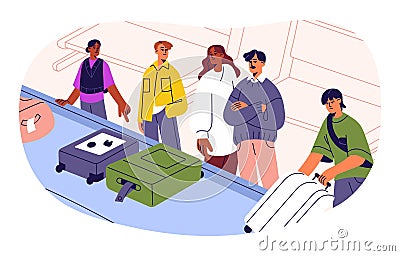 People waiting for luggage at baggage belt with bags. Passengers tourists at suitcase carousel, conveyor at Vector Illustration