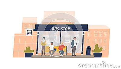 People waiting for public transport at urban bus stop. Men and women sitting and standing at city municipal station Vector Illustration