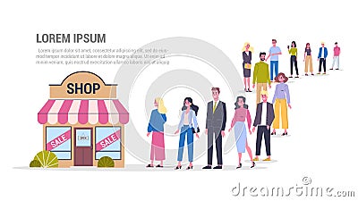 People waiting in queue to the shop. Crowd going to the store. Vector Illustration