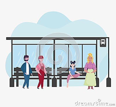 people waiting stop bus Vector Illustration