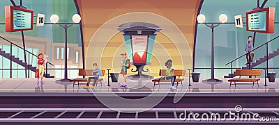 People waiting train on indoor station platform Vector Illustration