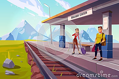 People waiting train on railroad platform, railway Vector Illustration