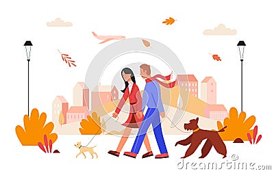 People walk in autumn city day vector illustration, cartoon flat happy man woman lover couple characters walking with Vector Illustration