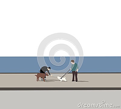 People walk with dog enjoying weekend at street near river. Male and female persons have a talk on a walk with pet Stock Photo