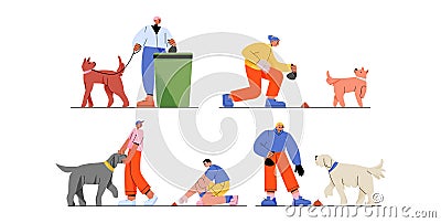 People walk with dogs, pick up poop in bag Vector Illustration