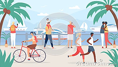 People walk on sea quay. Family and couple tourist at vacation look at sail boats. Seaside summer travel in tropic shore Vector Illustration