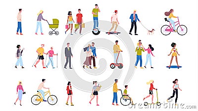 People walk set. Various character, young couple and elderly Vector Illustration