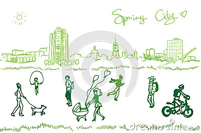 People walk on a spring city Vector Illustration