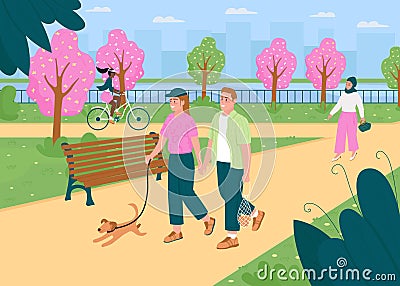People walk in springtime park flat color vector illustration Vector Illustration