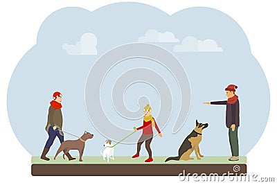 People walk their dogs in the park. People train and walk their dogs against the sky. Cartoon Illustration