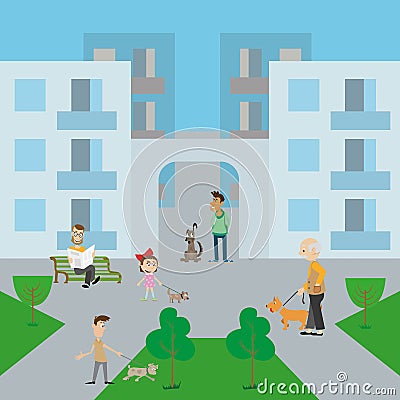 People walk their dogs in the yard Vector Illustration