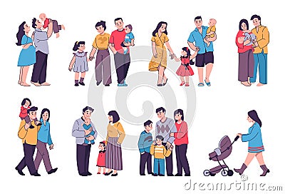 People walk together. Happy family. Parents with children. Father and mother hugging newborn baby. Couples and kids Vector Illustration