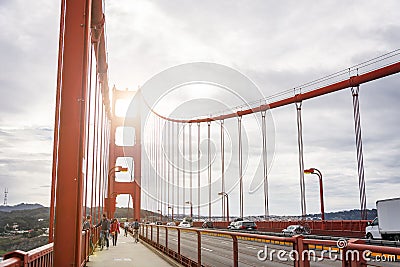 People walking across the pedestrian path on the Golden Gate Bridge in San Francisco Editorial Stock Photo