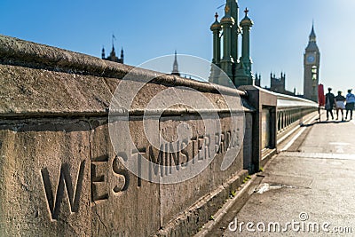 People walking across Westminster Bridge towards Big Ben, London, England Editorial Stock Photo