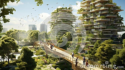 People walking along the city& x27;s green streets, bridges, trees. Urban development in close proximity to the Stock Photo
