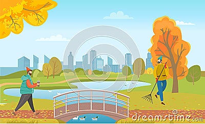 People Walking in Autumn Park, Bridge Under Lake Vector Illustration