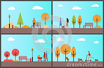 People Walking in Autumnal Park, Fall Season Set Vector Illustration