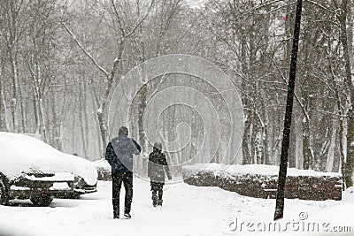 People walking through city street covered with snow during heavy snowfall. Blizzard in town at winter. Natural Stock Photo