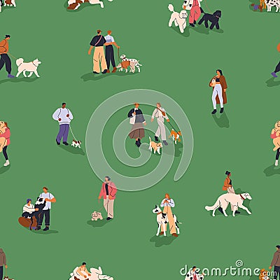 People walking dogs, seamless pattern. Tiny owners strolling with puppies of different canine breeds outdoors, endless Cartoon Illustration