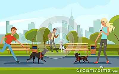 People walking with dogs in urban park. Vector landscape in cartoon style Vector Illustration