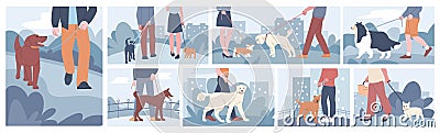 People walking with dogs in urban scenes. Owner with pets walk in city and on nature. Dog walker, outdoor time people Vector Illustration