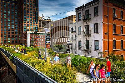 People walking on The High Line, in Manhattan, New York. Editorial Stock Photo