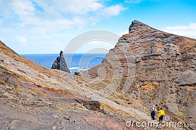 People walking on a hiking trail in Ponta de Sao Lourenco, Madeira, Portugal. Peninsula, easternmost point of the Portuguese Editorial Stock Photo