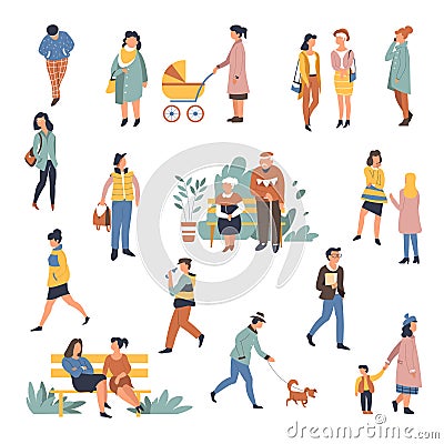 People walking outdoors woman and man strolling together Vector Illustration