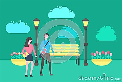 People Walking in Park, Benches Lanterns Outdoors Vector Illustration