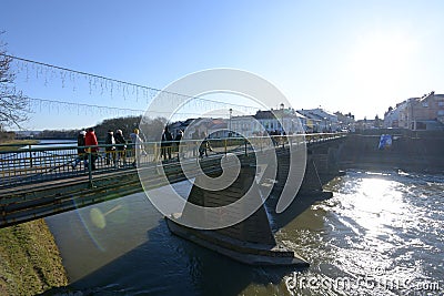 People walking the Pedestrian bridge, center of Uzhgorod, Ukraine Editorial Stock Photo