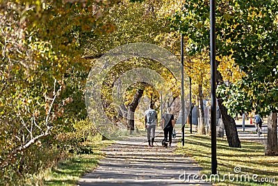 People walking with pet in the Bow River Pathway in autumn. Downtown Calgary Editorial Stock Photo