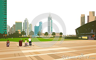 People walking relax stadium arena concept over skyscraper buildings modern cityscape background flat horizontal Vector Illustration