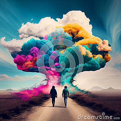 People walking on the road, colorful creative cloud above, future vision, positive optimistic thinking, state of mind Stock Photo