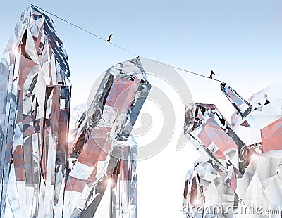 People walking on a rope, fantastic world. Crystals and mountains. People suspended on a precipice. Slackline. Science fiction lan Stock Photo