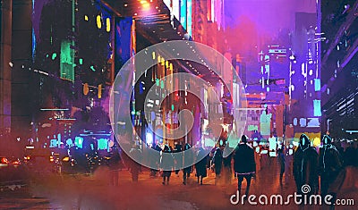 People walking in the sci-fi city at night with colorful light Cartoon Illustration